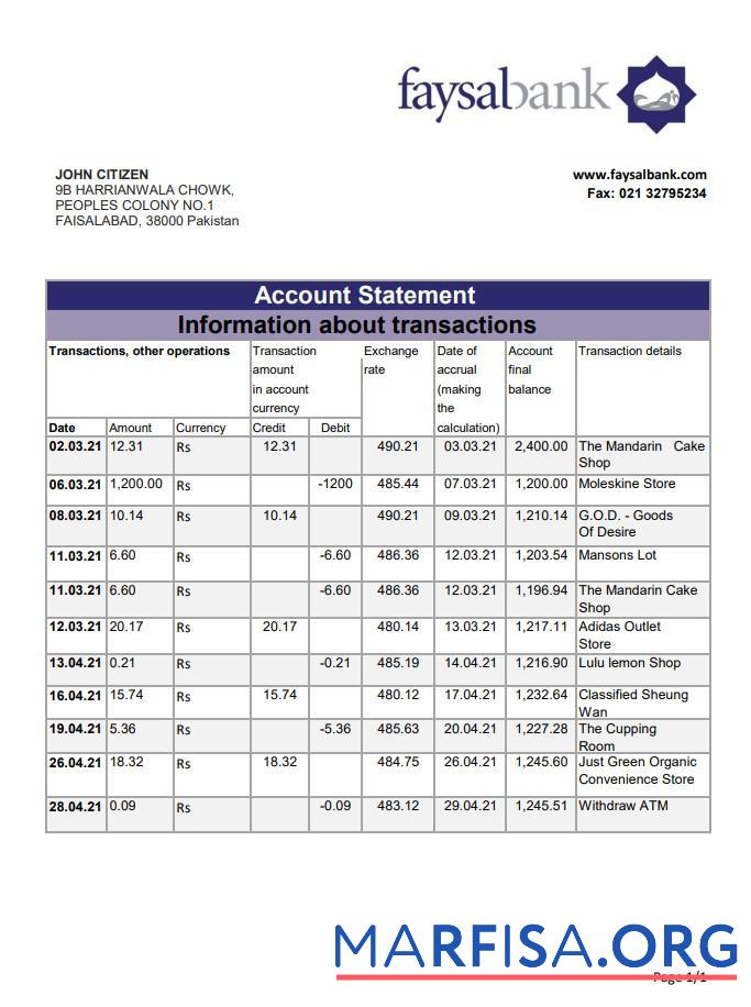 Blank Pakistan Fasyal bank statement excel template